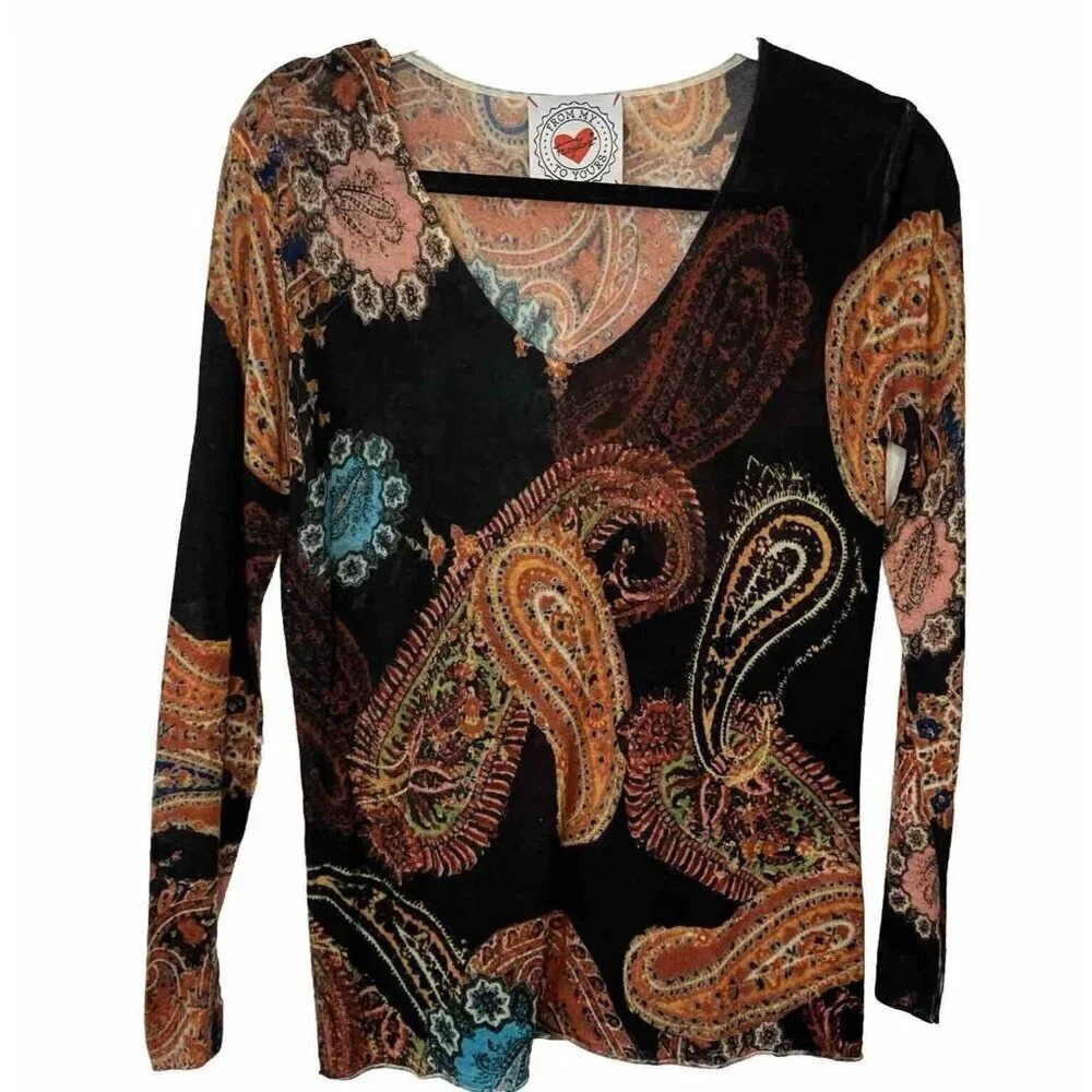 Frogbox Womens 100% Wool Paisley‎ V-Neck Top Black Orange Size 40